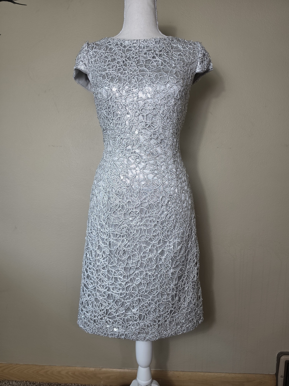 R&M Richards Silver Metallic Lace Dress | Size 8 Cap Sleeve Formal Sheath Dress